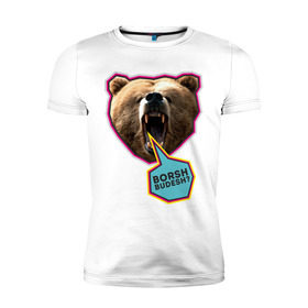 Мужская футболка премиум с принтом Borsh budesh в Санкт-Петербурге, 92% хлопок, 8% лайкра | приталенный силуэт, круглый вырез ворота, длина до линии бедра, короткий рукав | dtg | борщ будешь | медведь | пасть | прикольные картинки | русские