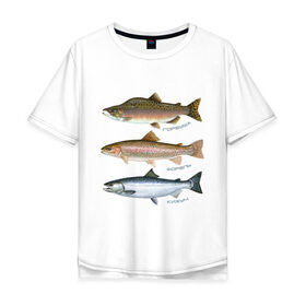 Мужская футболка хлопок Oversize с принтом Лососевые в Санкт-Петербурге, 100% хлопок | свободный крой, круглый ворот, “спинка” длиннее передней части | горбуша | кижуч | рыба | рыбалка | рыбачить | туризм | туристические | туристу | улов | форель