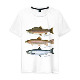 Мужская футболка хлопок с принтом Лососевые в Санкт-Петербурге, 100% хлопок | прямой крой, круглый вырез горловины, длина до линии бедер, слегка спущенное плечо. | горбуша | кижуч | рыба | рыбалка | рыбачить | туризм | туристические | туристу | улов | форель
