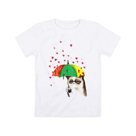 Детская футболка хлопок с принтом Угрюмый кот с сердечками в Санкт-Петербурге, 100% хлопок | круглый вырез горловины, полуприлегающий силуэт, длина до линии бедер | grumpy cat | зонтик | котяра | кошак | кошара | любовь | настроение | сердца | унылый | хмурый