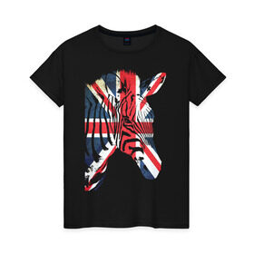 Женская футболка хлопок с принтом Британская зебра в Санкт-Петербурге, 100% хлопок | прямой крой, круглый вырез горловины, длина до линии бедер, слегка спущенное плечо | dtg | england | англия | британия | британский флаг | великобритания | животные | прикольные картинки