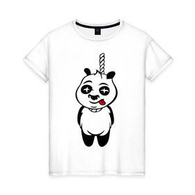 Женская футболка хлопок с принтом Панда повесилась. в Санкт-Петербурге, 100% хлопок | прямой крой, круглый вырез горловины, длина до линии бедер, слегка спущенное плечо | панда