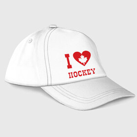 Бейсболка с принтом Я люблю канадский хоккей. в Санкт-Петербурге, 100% хлопок | классический козырек, металлическая застежка-регулятор размера | hockey | i love hochey | канада | кленовые листья | спорт | хоккей | я люблю хоккей