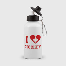 Бутылка спортивная с принтом Я люблю канадский хоккей. в Санкт-Петербурге, металл | емкость — 500 мл, в комплекте две пластиковые крышки и карабин для крепления | hockey | i love hochey | канада | кленовые листья | спорт | хоккей | я люблю хоккей
