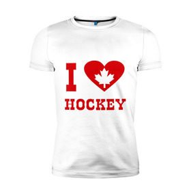 Мужская футболка премиум с принтом Я люблю канадский хоккей. в Санкт-Петербурге, 92% хлопок, 8% лайкра | приталенный силуэт, круглый вырез ворота, длина до линии бедра, короткий рукав | hockey | i love hochey | канада | кленовые листья | спорт | хоккей | я люблю хоккей