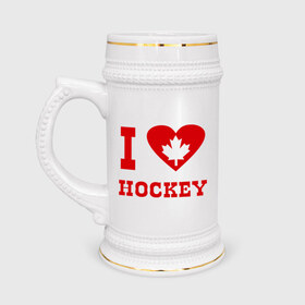 Кружка пивная с принтом Я люблю канадский хоккей. в Санкт-Петербурге,  керамика (Материал выдерживает высокую температуру, стоит избегать резкого перепада температур) |  объем 630 мл | hockey | i love hochey | канада | кленовые листья | спорт | хоккей | я люблю хоккей