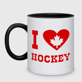 Кружка двухцветная с принтом Я люблю канадский хоккей. в Санкт-Петербурге, керамика | объем — 330 мл, диаметр — 80 мм. Цветная ручка и кайма сверху, в некоторых цветах — вся внутренняя часть | hockey | i love hochey | канада | кленовые листья | спорт | хоккей | я люблю хоккей
