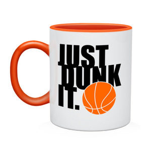 Кружка двухцветная с принтом Just dunk it. в Санкт-Петербурге, керамика | объем — 330 мл, диаметр — 80 мм. Цветная ручка и кайма сверху, в некоторых цветах — вся внутренняя часть | Тематика изображения на принте: just dunk | just dunk it | nba | баскетбол | баскетбольный мяч | мяч dunk | нба