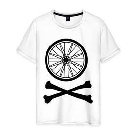 Мужская футболка хлопок с принтом Bicycle в Санкт-Петербурге, 100% хлопок | прямой крой, круглый вырез горловины, длина до линии бедер, слегка спущенное плечо. | bicycle | две кости | колесо | колесо от велосипеда | кости | кости с колесом | перекошенные кости