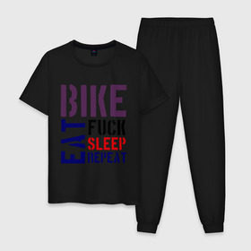 Мужская пижама хлопок с принтом Bike eat sleep repeat в Санкт-Петербурге, 100% хлопок | брюки и футболка прямого кроя, без карманов, на брюках мягкая резинка на поясе и по низу штанин
 | bicycle | bike | bike eat sleep repeat | eat | repeat | sleep | велик | велосипед | велосипедист