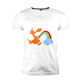 Мужская футболка премиум с принтом Писающий единорог в Санкт-Петербурге, 92% хлопок, 8% лайкра | приталенный силуэт, круглый вырез ворота, длина до линии бедра, короткий рукав | unicorn | единорог | единорог и радуга | облако с радугой | прикольный единорог | радуга | радуга из единорога