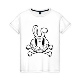 Женская футболка хлопок с принтом Улыбающийся кролик. в Санкт-Петербурге, 100% хлопок | прямой крой, круглый вырез горловины, длина до линии бедер, слегка спущенное плечо | животные | кости | скелетон | черепок | черепушка