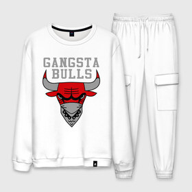 Мужской костюм хлопок с принтом Gangsta bulls в Санкт-Петербурге, 100% хлопок | на свитшоте круглая горловина, мягкая резинка по низу. Брюки заужены к низу, на них два вида карманов: два “обычных” по бокам и два объемных, с клапанами, расположенные ниже линии бедра. Брюки с мягкой трикотажной резинкой на поясе и по низу штанин. В поясе для дополнительного комфорта — широкие завязки | Тематика изображения на принте: bshirts | bulls | cihago bulls | gangsta bulls | swag | sweg | бык | красный бык | сваг | свег | чикаго булс