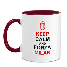 Кружка двухцветная с принтом keep calm and Forza Milan в Санкт-Петербурге, керамика | объем — 330 мл, диаметр — 80 мм. Цветная ручка и кайма сверху, в некоторых цветах — вся внутренняя часть | болельщикам | матч | милан | спорт | фк | футбол | футбольный клуб