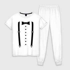 Женская пижама хлопок с принтом Gentleman в Санкт-Петербурге, 100% хлопок | брюки и футболка прямого кроя, без карманов, на брюках мягкая резинка на поясе и по низу штанин | галстук | костюм | одежда | подтяжки | рубашка