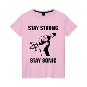 Женская футболка хлопок с принтом Doctor Who : Stay Strong Stay Sonic в Санкт-Петербурге, 100% хлопок | прямой крой, круглый вырез горловины, длина до линии бедер, слегка спущенное плечо | 