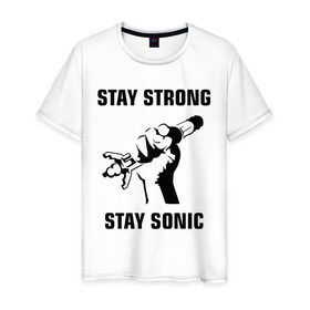 Мужская футболка хлопок с принтом Doctor Who : Stay Strong Stay Sonic в Санкт-Петербурге, 100% хлопок | прямой крой, круглый вырез горловины, длина до линии бедер, слегка спущенное плечо. | 