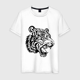 Мужская футболка хлопок с принтом Тату тигр в Санкт-Петербурге, 100% хлопок | прямой крой, круглый вырез горловины, длина до линии бедер, слегка спущенное плечо. | татуировки
