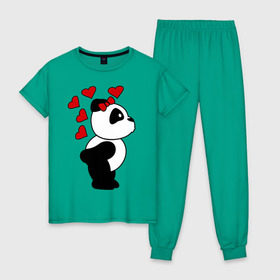 Женская пижама хлопок с принтом Поцелуй панды (парная) в Санкт-Петербурге, 100% хлопок | брюки и футболка прямого кроя, без карманов, на брюках мягкая резинка на поясе и по низу штанин | панда
