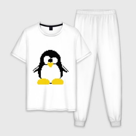 Мужская пижама хлопок с принтом Битовый пингвин Linux в Санкт-Петербурге, 100% хлопок | брюки и футболка прямого кроя, без карманов, на брюках мягкая резинка на поясе и по низу штанин
 | Тематика изображения на принте: админам | компьютерные | линукс | операционная система | ос