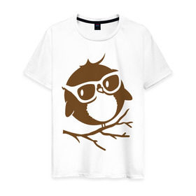 Мужская футболка хлопок с принтом Совёнок в очках. в Санкт-Петербурге, 100% хлопок | прямой крой, круглый вырез горловины, длина до линии бедер, слегка спущенное плечо. | сова