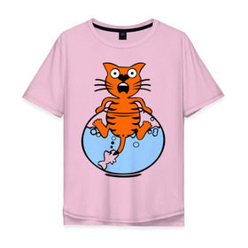 Мужская футболка хлопок Oversize с принтом Кот в аквариуме в Санкт-Петербурге, 100% хлопок | свободный крой, круглый ворот, “спинка” длиннее передней части | cat | испуганный кот | кот в воде | рыба за хвост | смешной кот