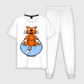 Мужская пижама хлопок с принтом Кот в аквариуме в Санкт-Петербурге, 100% хлопок | брюки и футболка прямого кроя, без карманов, на брюках мягкая резинка на поясе и по низу штанин
 | cat | испуганный кот | кот в воде | рыба за хвост | смешной кот
