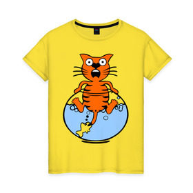 Женская футболка хлопок с принтом Кот в аквариуме в Санкт-Петербурге, 100% хлопок | прямой крой, круглый вырез горловины, длина до линии бедер, слегка спущенное плечо | cat | испуганный кот | кот в воде | рыба за хвост | смешной кот