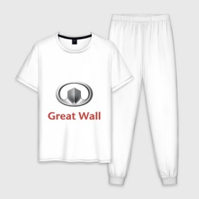 Мужская пижама хлопок с принтом Great Wall logo в Санкт-Петербурге, 100% хлопок | брюки и футболка прямого кроя, без карманов, на брюках мягкая резинка на поясе и по низу штанин
 | Тематика изображения на принте: great wall | greatwall | автобренды | автолюбителям | бренд | для автовладельцев | для автолюбителей | лого | логотип