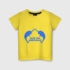 Детская футболка хлопок с принтом Cохраним нарвалов в Санкт-Петербурге, 100% хлопок | круглый вырез горловины, полуприлегающий силуэт, длина до линии бедер | cохраним нарвалов | зашита животных | рыбки | рыбы | экология