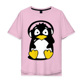 Мужская футболка хлопок Oversize с принтом Пингвин в наушниках в Санкт-Петербурге, 100% хлопок | свободный крой, круглый ворот, “спинка” длиннее передней части | животные | пингвиненок | пингвинчик | прикольные картинки
