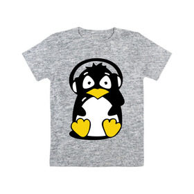 Детская футболка хлопок с принтом Пингвин в наушниках в Санкт-Петербурге, 100% хлопок | круглый вырез горловины, полуприлегающий силуэт, длина до линии бедер | животные | пингвиненок | пингвинчик | прикольные картинки