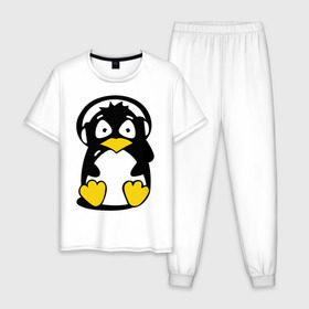 Мужская пижама хлопок с принтом Пингвин в наушниках в Санкт-Петербурге, 100% хлопок | брюки и футболка прямого кроя, без карманов, на брюках мягкая резинка на поясе и по низу штанин
 | животные | пингвиненок | пингвинчик | прикольные картинки