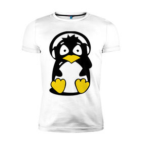 Мужская футболка премиум с принтом Пингвин в наушниках в Санкт-Петербурге, 92% хлопок, 8% лайкра | приталенный силуэт, круглый вырез ворота, длина до линии бедра, короткий рукав | Тематика изображения на принте: животные | пингвиненок | пингвинчик | прикольные картинки