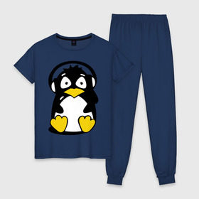 Женская пижама хлопок с принтом Пингвин в наушниках в Санкт-Петербурге, 100% хлопок | брюки и футболка прямого кроя, без карманов, на брюках мягкая резинка на поясе и по низу штанин | животные | пингвиненок | пингвинчик | прикольные картинки