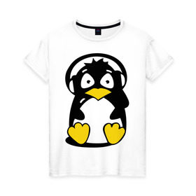 Женская футболка хлопок с принтом Пингвин в наушниках в Санкт-Петербурге, 100% хлопок | прямой крой, круглый вырез горловины, длина до линии бедер, слегка спущенное плечо | Тематика изображения на принте: животные | пингвиненок | пингвинчик | прикольные картинки