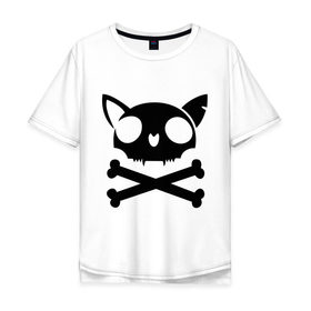 Мужская футболка хлопок Oversize с принтом кошачий пиратскй флаг в Санкт-Петербурге, 100% хлопок | свободный крой, круглый ворот, “спинка” длиннее передней части | Тематика изображения на принте: кости | кошачий пиратский флаг | пиратский флаг | череп | череп кошки