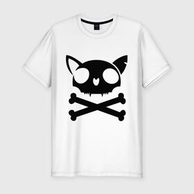 Мужская футболка премиум с принтом кошачий пиратскй флаг в Санкт-Петербурге, 92% хлопок, 8% лайкра | приталенный силуэт, круглый вырез ворота, длина до линии бедра, короткий рукав | Тематика изображения на принте: кости | кошачий пиратский флаг | пиратский флаг | череп | череп кошки