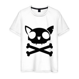 Мужская футболка хлопок с принтом кошачий пиратскй флаг в Санкт-Петербурге, 100% хлопок | прямой крой, круглый вырез горловины, длина до линии бедер, слегка спущенное плечо. | Тематика изображения на принте: кости | кошачий пиратский флаг | пиратский флаг | череп | череп кошки