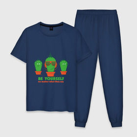 Мужская пижама хлопок с принтом Самоуверенный кактус в Санкт-Петербурге, 100% хлопок | брюки и футболка прямого кроя, без карманов, на брюках мягкая резинка на поясе и по низу штанин
 | smile | кактус | очки | позитив | прикол | прикольные картинки | смайл | юмор