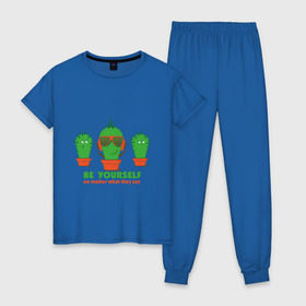 Женская пижама хлопок с принтом Самоуверенный кактус в Санкт-Петербурге, 100% хлопок | брюки и футболка прямого кроя, без карманов, на брюках мягкая резинка на поясе и по низу штанин | smile | кактус | очки | позитив | прикол | прикольные картинки | смайл | юмор