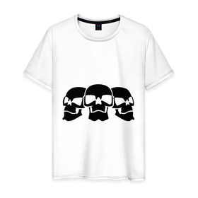 Мужская футболка хлопок с принтом Три черепа в Санкт-Петербурге, 100% хлопок | прямой крой, круглый вырез горловины, длина до линии бедер, слегка спущенное плечо. | скелет