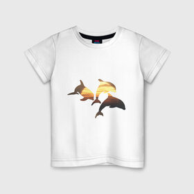 Детская футболка хлопок с принтом Дельфины на закате (2) в Санкт-Петербурге, 100% хлопок | круглый вырез горловины, полуприлегающий силуэт, длина до линии бедер | дельфин | дельфины | дельфины на закате | закат | красивые дельфины | рыбы