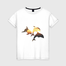 Женская футболка хлопок с принтом Дельфины на закате (2) в Санкт-Петербурге, 100% хлопок | прямой крой, круглый вырез горловины, длина до линии бедер, слегка спущенное плечо | дельфин | дельфины | дельфины на закате | закат | красивые дельфины | рыбы