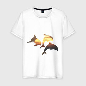 Мужская футболка хлопок с принтом Дельфины на закате (2) в Санкт-Петербурге, 100% хлопок | прямой крой, круглый вырез горловины, длина до линии бедер, слегка спущенное плечо. | Тематика изображения на принте: дельфин | дельфины | дельфины на закате | закат | красивые дельфины | рыбы