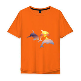 Мужская футболка хлопок Oversize с принтом Дельфины на закате в Санкт-Петербурге, 100% хлопок | свободный крой, круглый ворот, “спинка” длиннее передней части | Тематика изображения на принте: дельфин | дельфины | дельфины на закате | закат | красивые дельфины | рыбы