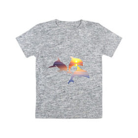 Детская футболка хлопок с принтом Дельфины на закате в Санкт-Петербурге, 100% хлопок | круглый вырез горловины, полуприлегающий силуэт, длина до линии бедер | Тематика изображения на принте: дельфин | дельфины | дельфины на закате | закат | красивые дельфины | рыбы