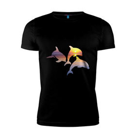 Мужская футболка премиум с принтом Дельфины на закате в Санкт-Петербурге, 92% хлопок, 8% лайкра | приталенный силуэт, круглый вырез ворота, длина до линии бедра, короткий рукав | дельфин | дельфины | дельфины на закате | закат | красивые дельфины | рыбы