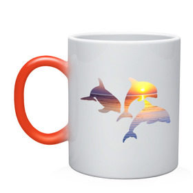 Кружка хамелеон с принтом Дельфины на закате в Санкт-Петербурге, керамика | меняет цвет при нагревании, емкость 330 мл | дельфин | дельфины | дельфины на закате | закат | красивые дельфины | рыбы