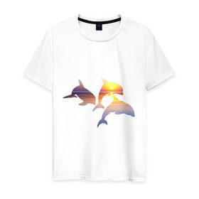 Мужская футболка хлопок с принтом Дельфины на закате в Санкт-Петербурге, 100% хлопок | прямой крой, круглый вырез горловины, длина до линии бедер, слегка спущенное плечо. | дельфин | дельфины | дельфины на закате | закат | красивые дельфины | рыбы